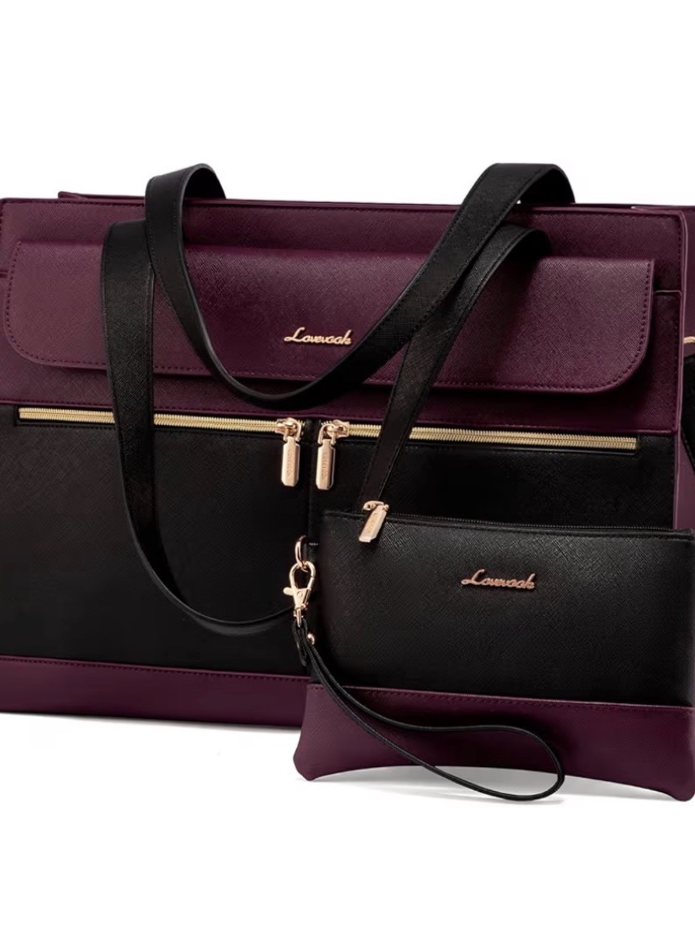 Women’s Two-Tone Plum & Black Laptop Tote with Shoulder and Crossbody Straps